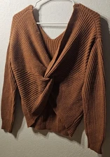 Chunky Knit Sweater Fashion Nova Crop V-Neck Twist Knot Rust Burnt Orange SZ S