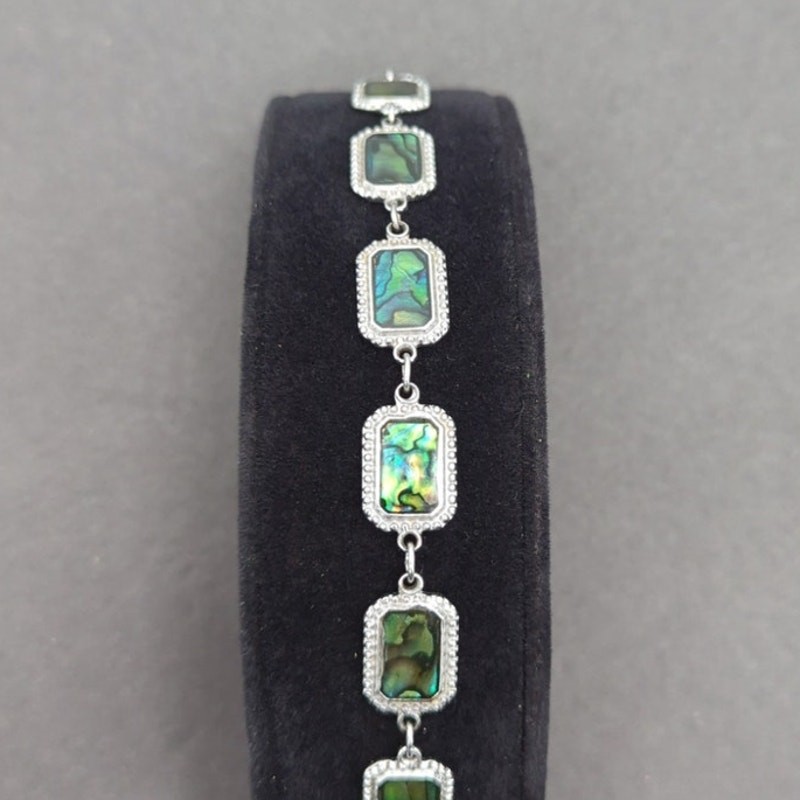 Vintage Abalone Inlay Rectangular Link Silver Bra… - image 4