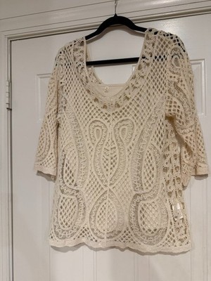 ADIVA Women's XL Ivory Crochet Lace Tunic Top Camisole 2 Piece Boho Cotton