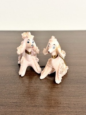 Vintage 50s pink Spaghetti Porcelain Poodle 2 Chained Dogs Puppy Figurines Read