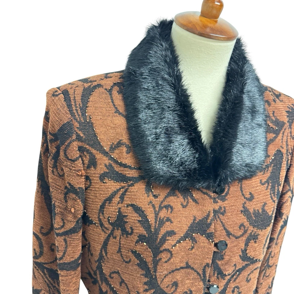 复古 Jessica Howard Blazer 人造毛皮领 棕色 巴洛克印花亮片 尺寸 12 — 第 3/4 张图片