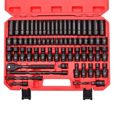 3/8'' Drive Impact Socket Set, 67-Piece Standard Metric & SAE 6 Point CR-V Ste...