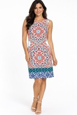 London Times Dress Womens 10 Cotton Stretch Geometric Medallion Sleeveless Shift