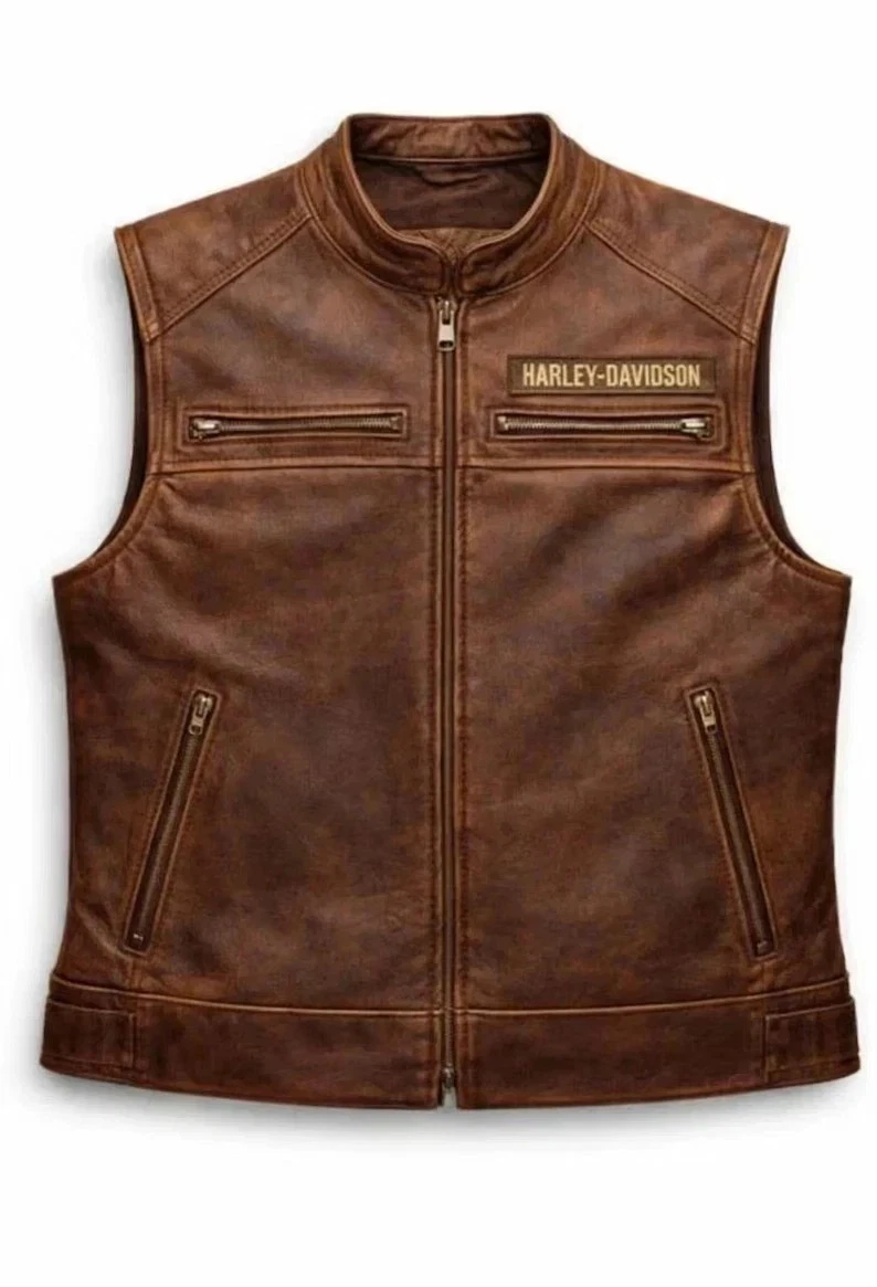 Men’s Premium Brown Biker Leather Vest Motorcycle Riding Waistcoat Handmade