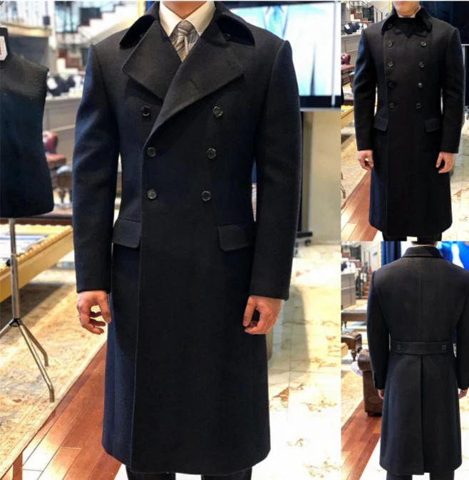 Black Wool Men Long Overcoat Warm Double Breasted Thick Loose Outdoor Warm Coat
