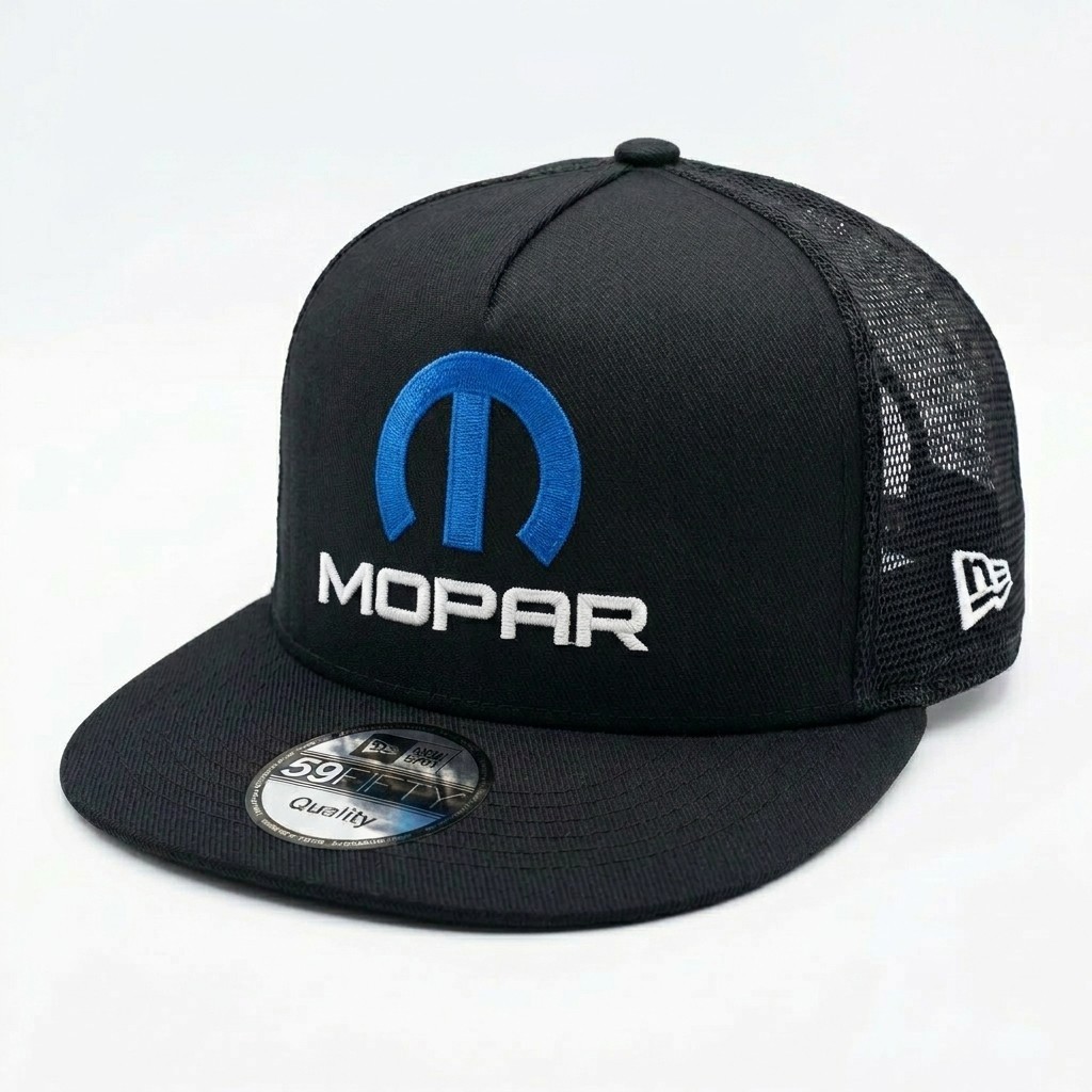 Mopar Embroidered Trucker Hat Black Mesh Snapback Flat Bill Cap Adjustable