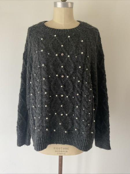 PRIMARK Size XL Dark Grey Cable Knit Jumper Pearl & Diamanté Accent Front