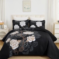 Floral Quilt Set King Size,Elegant Black Floral King 104"x90" Black-white
