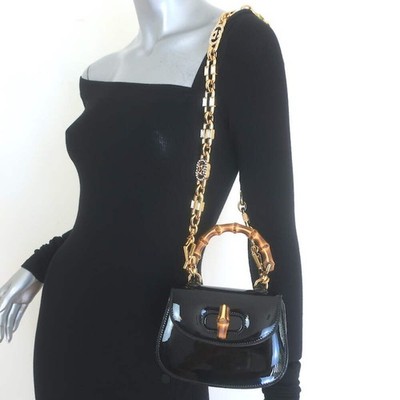 Gucci Mini 1947 Bamboo Handle Crystal GG Chain Strap Bag Black