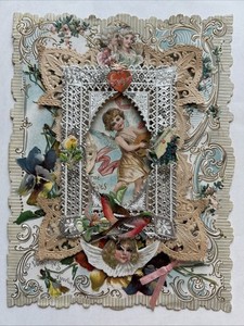 Victorian Die Cut Valentine Lace Card Cupid Birds 3D Layered Pop-Up c.1890s
