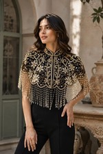 Black Gold Beaded Capelet VTG Collar Shawl Stole Shrug Pearl Fringe Gala Women