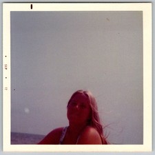 Vtg Color Snapshot Pretty Long Haired Woman In Patterned Top At Beach Sep 1972