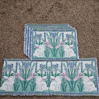 VINTAGE  WOVEN FRINGED COLORFUL EASTER BUNNY 72'' RUNNER  W/ 4- 18'' PLACEMATS