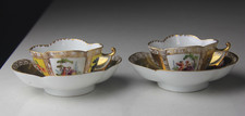 PAIR OF ANTIQUE DRESDEN PORCELAIN GOLD QUARTREFOIL DEMITASSE CUP & SAUCER SETS