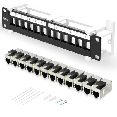 12 Port Keystone Patch Panel Cat6a Jack 89D Wall Mount Bracket STP Shielded