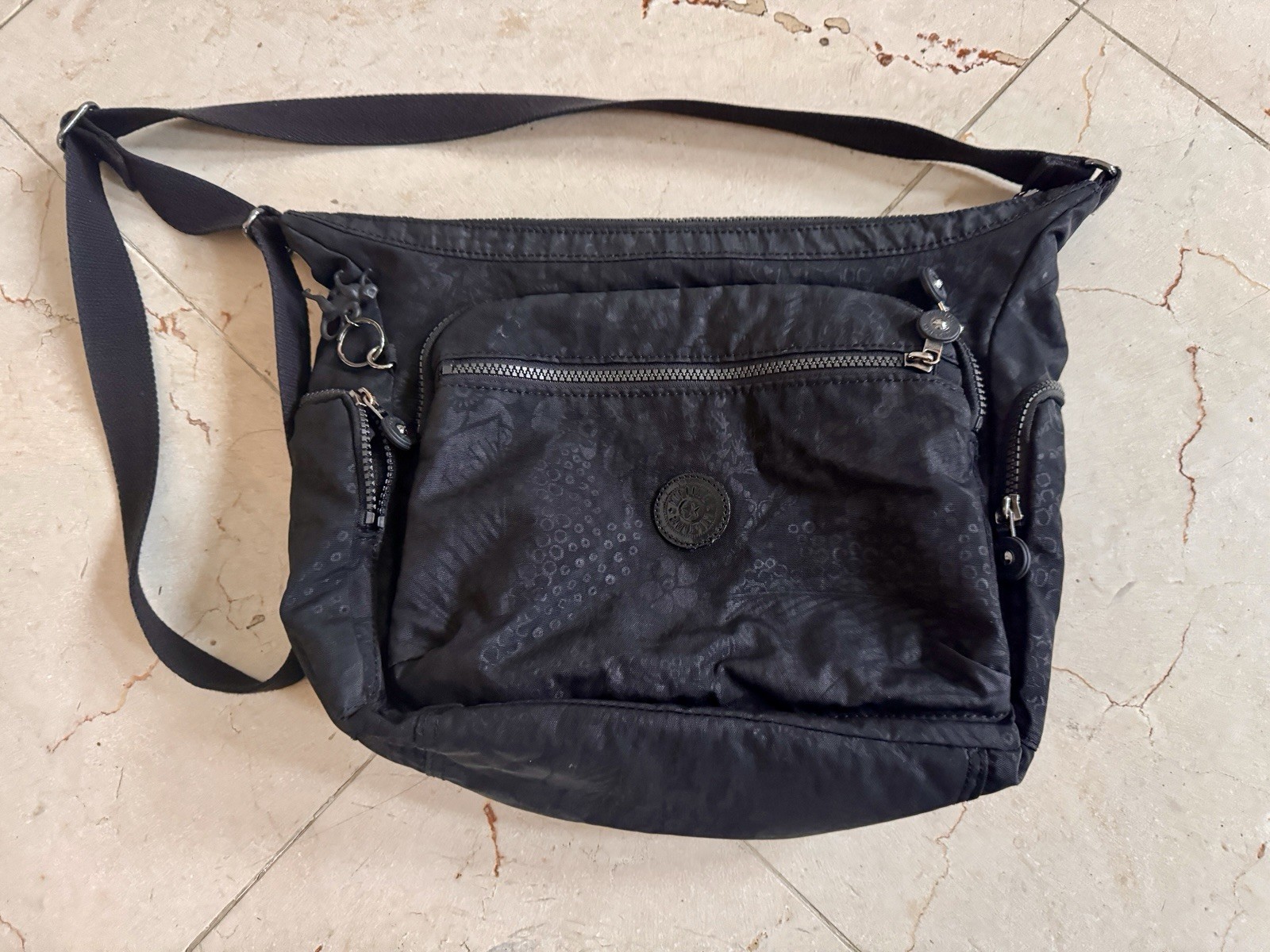 KIPLING Black On Black Floral Nylon Multi Pocket Crossbody Bag Monkey