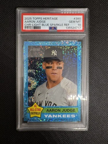 2025 Topps Heritage Aaron Judge #380 Chrome Light Blue Sparkle Refractor PSA 10