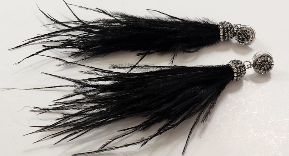 7 Pr Pierced Dangle Earrings Rhinestone Black Fearthers Gothic Vampire Steampunk - Image 2 of 4