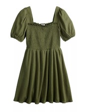 Nine West Olive Green Babydoll Dress Puff Sleeve Smocked Womens Large