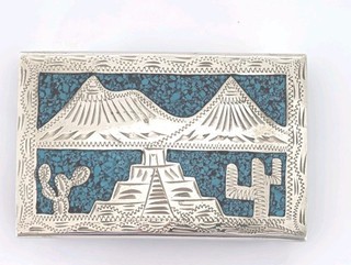 Vintage 60s Alpaca Silver Mosaic Turquoise Pyramid Mountain Scenery Belt Buckle
