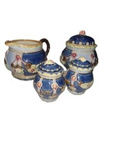 Signed Vntg Majolica Floral Hand Painted Creamer, Sugar Bowl, Salt& Pepper Set 