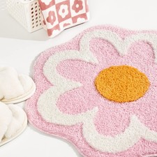 Cute Pink Flower Bath Mat Washable Fluffy Bathroom Rug Round Non Slip Carpet