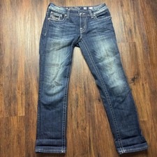 Miss Me Capri Jeans Distressed Medium Wash Rhinestones Paisley Women  s Size 28