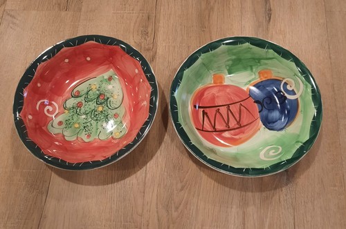 Studio 33 Christmas Set Of 2 Snack Soup Bowls Painted Tree Ornament 9×3" - Picture 1 of 5