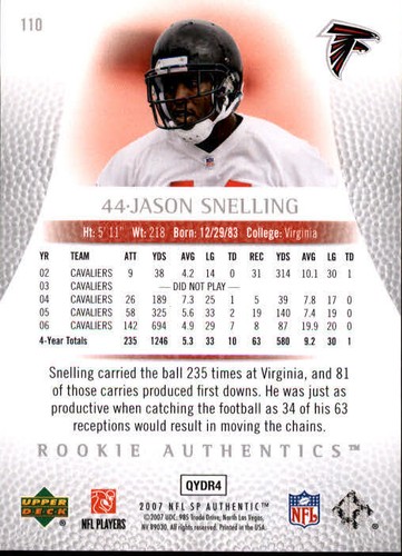 B0364- 2007 SP Authentic #110 Jason Snelling RC /1399 - NM-MT - Picture 2 of 2