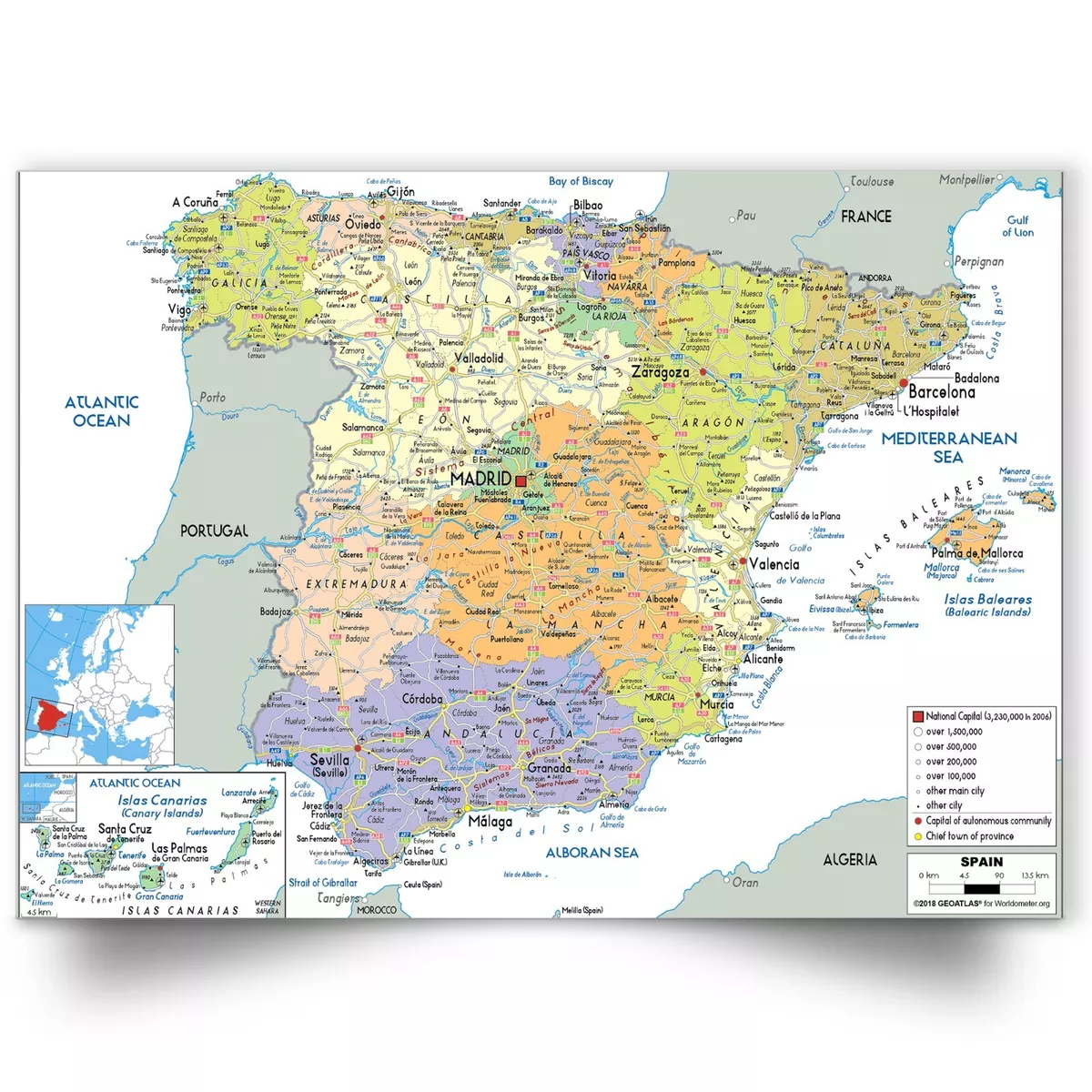 Map Of Spain And Portugal Educational Map Detailed Towns And Cities Poster