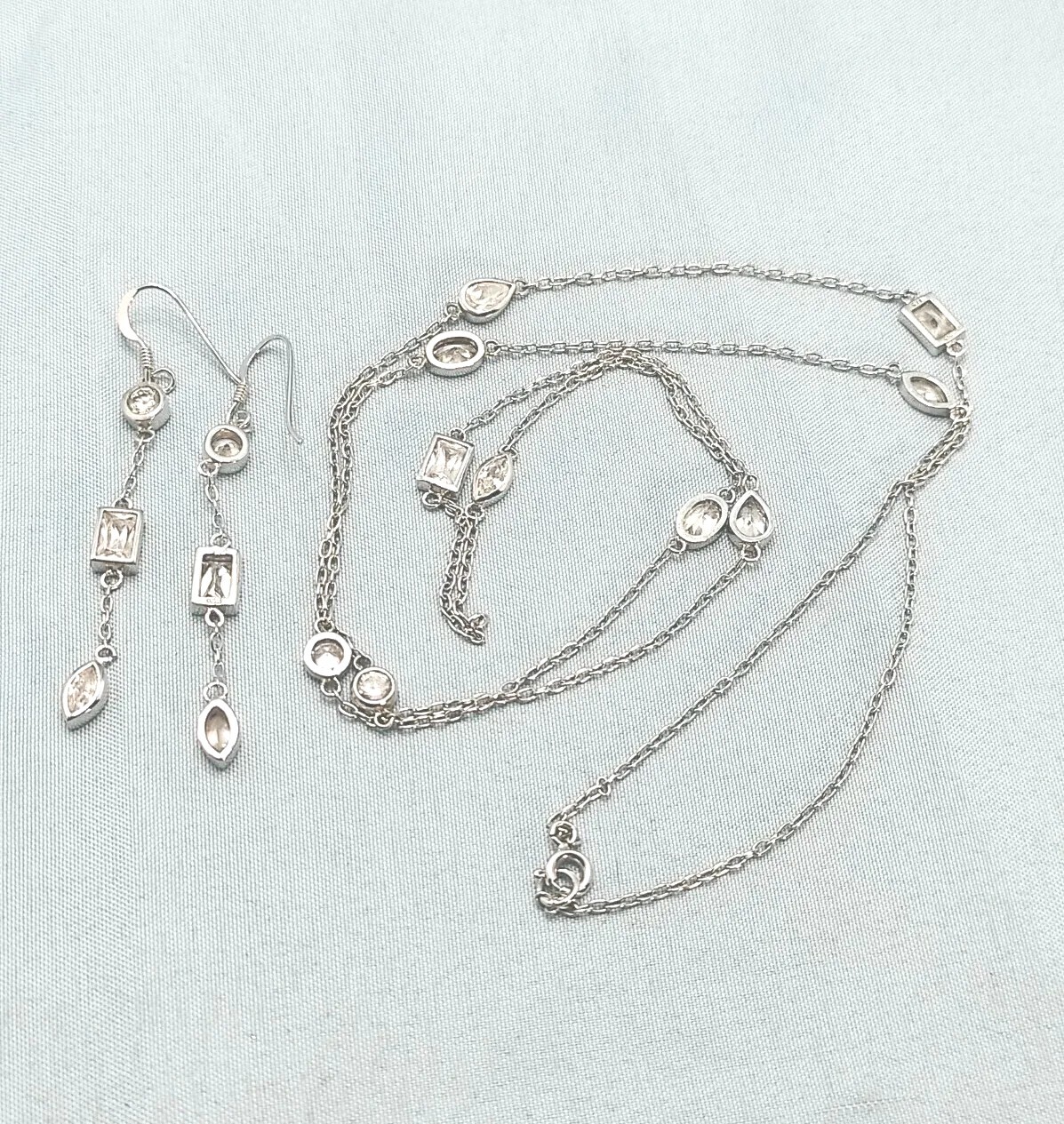 FAS Sterling Silver 925 Bezel Set Clear Crystal Glass Necklace Earrings Set