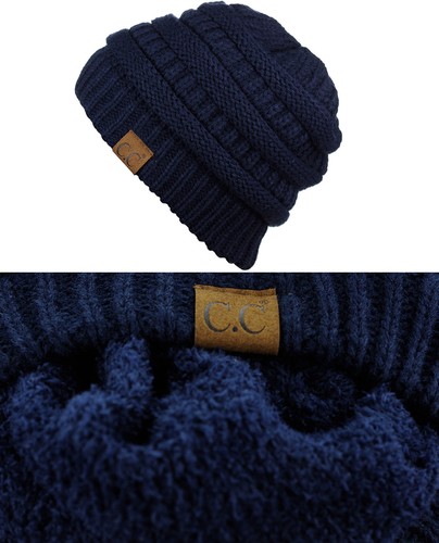 CC Beanie Women's FLEECE LINED Chunky Soft Stretch Cable Knit Warm Fuzzy Beanie - Picture 75 of 110