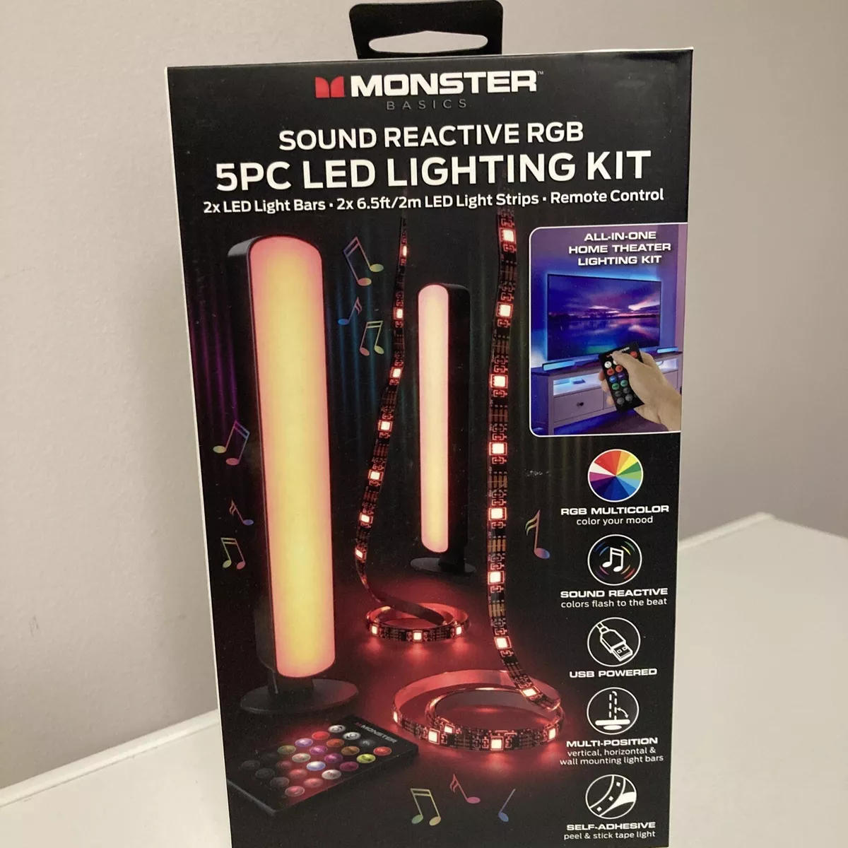 Monster LED 5 Piece Sound Reactive Multi Color Indoor LED Light Kit 2 Light Bar