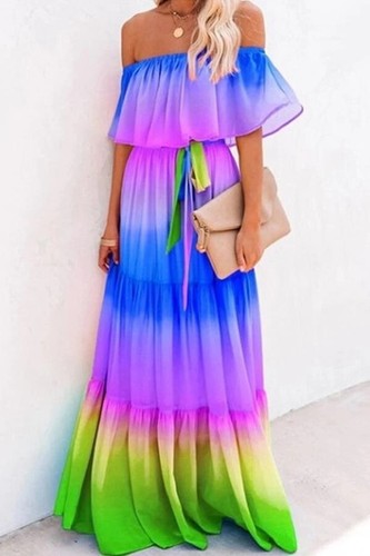 Rainbow Color Ruffle Pleated swing dress S-2XL Woman Off Shoulder Maxi dress - Picture 8 of 29
