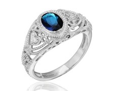 Art Deco Inspired Oval Blue Sapphire CZ Filigree Ring Sterling Silver Size 7