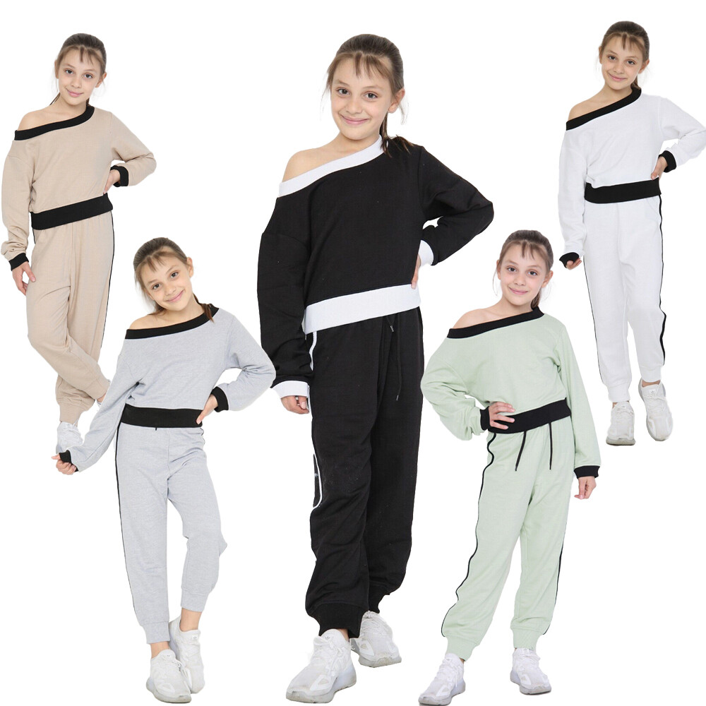 Chándales de moda con hombros descubiertos para niñas conjunto de 2 piezas deportes para niños 7-13 años