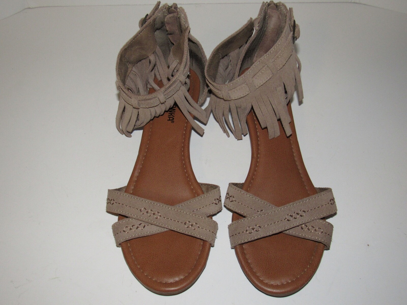 Taupe Leather Ankle Strap Zipper Fringe Sandal 799902 Womens