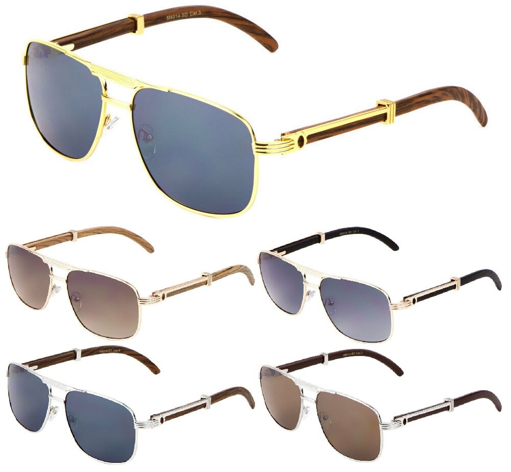 EXECUTIVE AVIATOR SUNGLASSES METAL FAUX WOOD SQUARE LUXURY BUFF RAP HIP HOP VTG-image