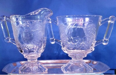 Jeanette Glass Baltimore Pear Clear Embossed Open Sugar Creamer Set 1950's USA