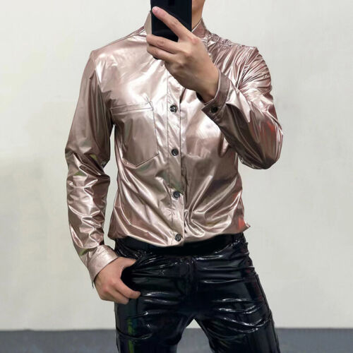 Hombres Camisa Brillante Imitación Cuero Manga Larga Prendas para el torso Delgado Fiesta Showman Disfraz Blusa - Imagen 36 de 38