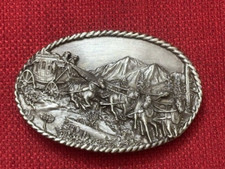 Vintage belt buckle Pewter Siskiyou 1983 horses stagecoach Williams Oregon