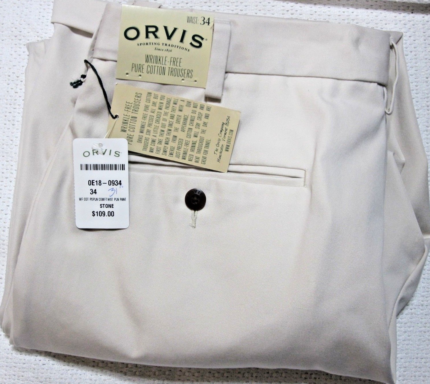 NWT ORVIS Plain Front Wrinkle Free Trouser Dress Pants Cotton Stone 34 x 31 NWT ORVIS Plain Front Wrinkle Free Trouser Dress Pants Cotton Stone 34 x 31