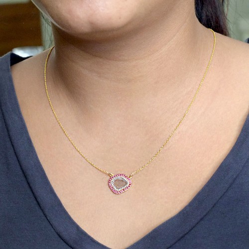 Rubí Piedras Preciosas 14K Oro Amarillo Diamante Pavé Boda Colgante Collar Jo... - Imagen 4 de 5