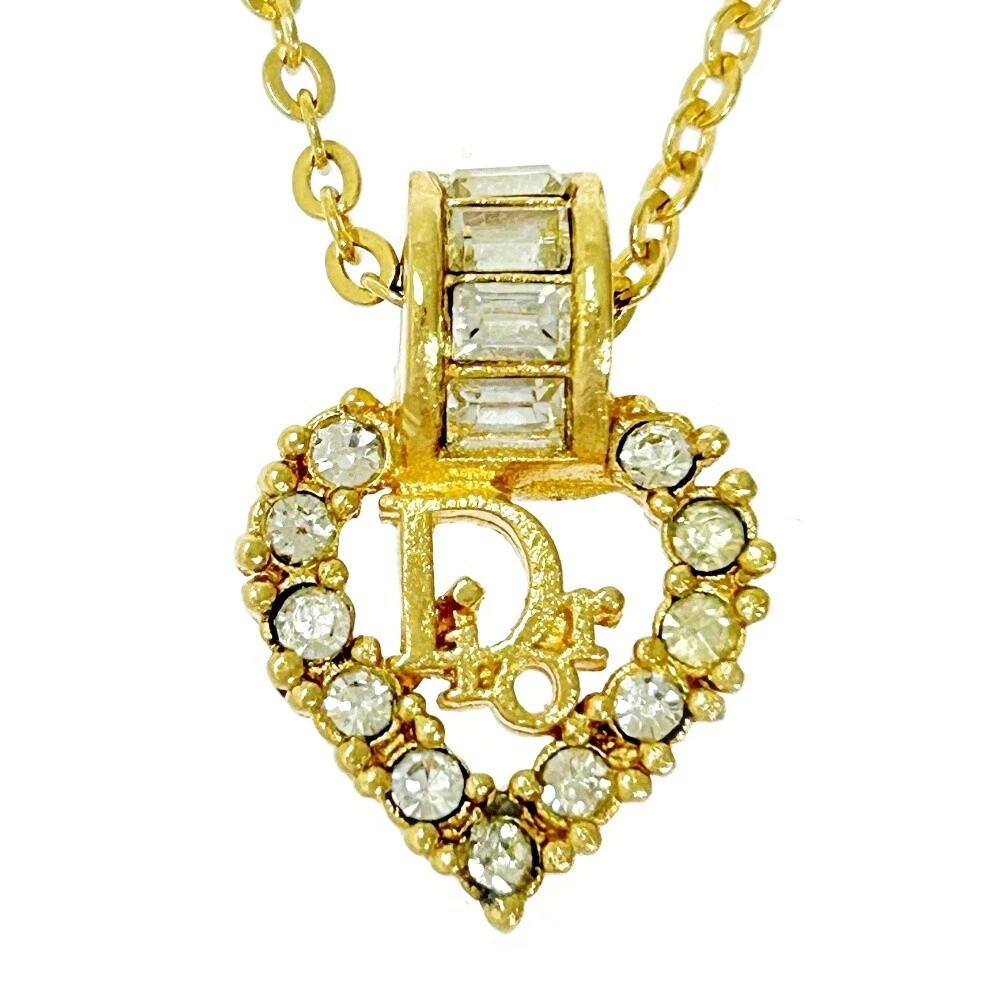 Christian Dior Collana Cuore Logo Dior Placcato Oro Strass da Donna 291...