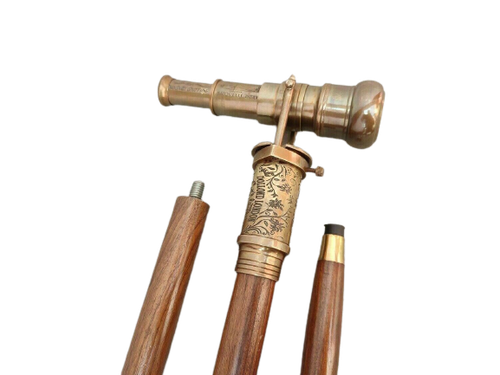 Nautical Wooden Walking Stick Cane Spyglass Antique Telescope On Top Compass - Picture 4 of 10