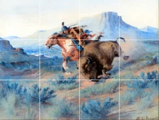 Paxson Buffalo Hunt country cowboy Indians western ceramic tile mural backsplash