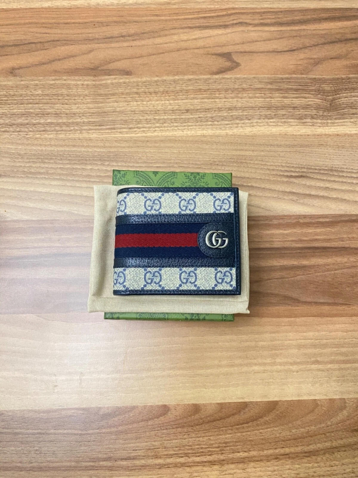 PORTEFEUILLE GUCCI OPHIDIA GG SUPREME TOILE BLEU DOUBLE PLI POUR HOMME