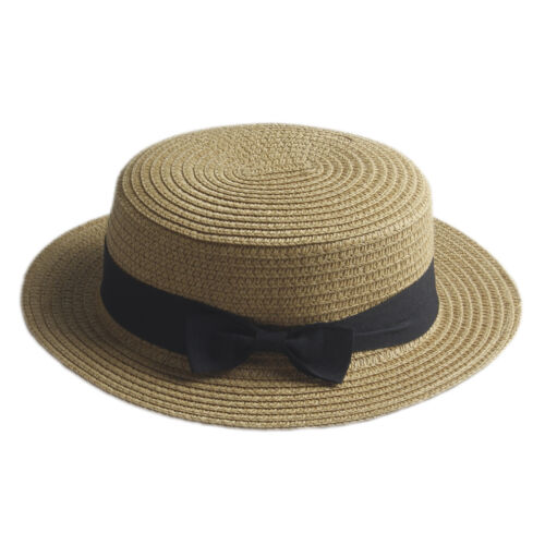 Women Lady's Straw Bowler Boater Sun Hat Round Flat Caps Wide Brim Summer Beach - Picture 8 of 36