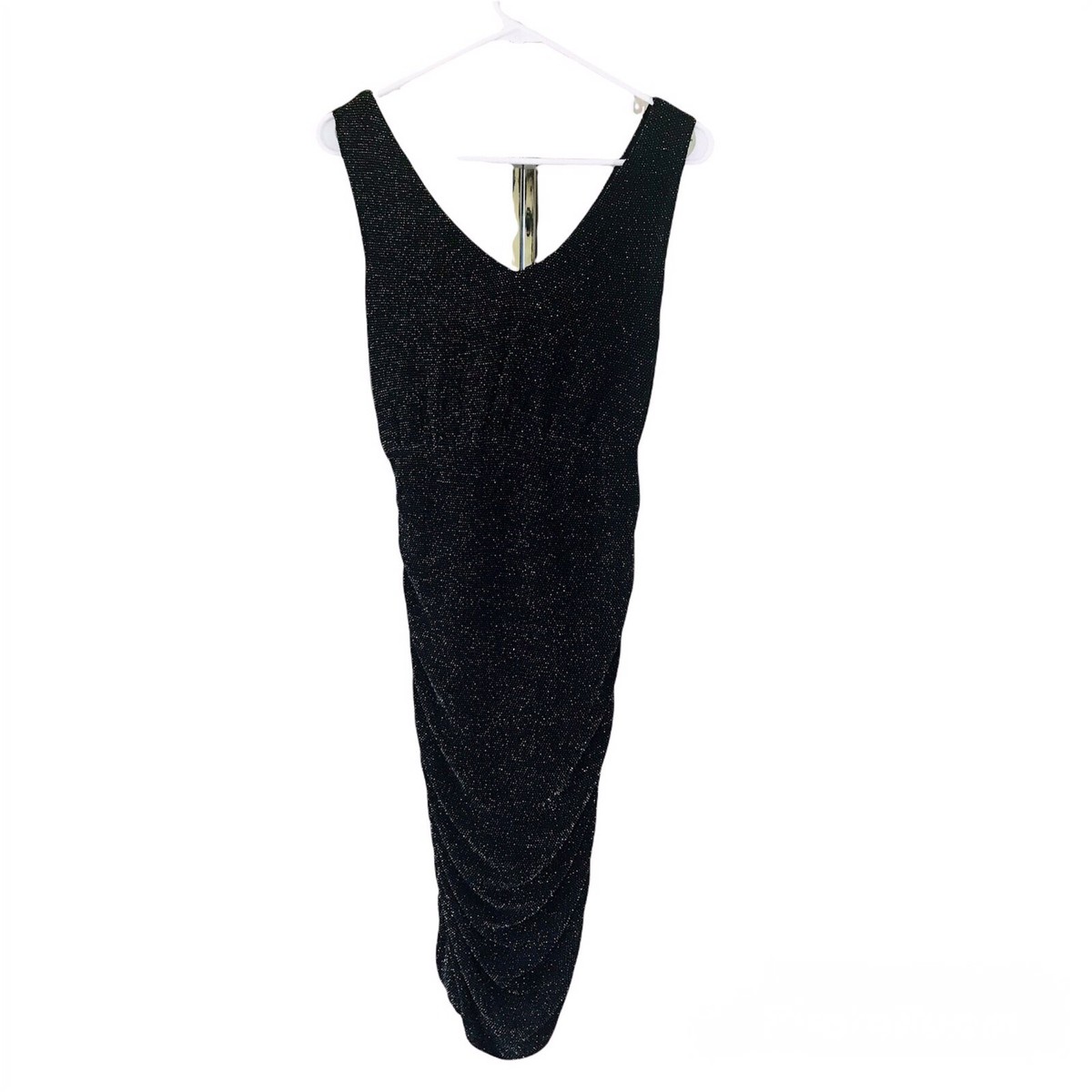French Connection Small Black Gold Metallic Midi Dress Ruched Sleeveless  Stretch | eBay
