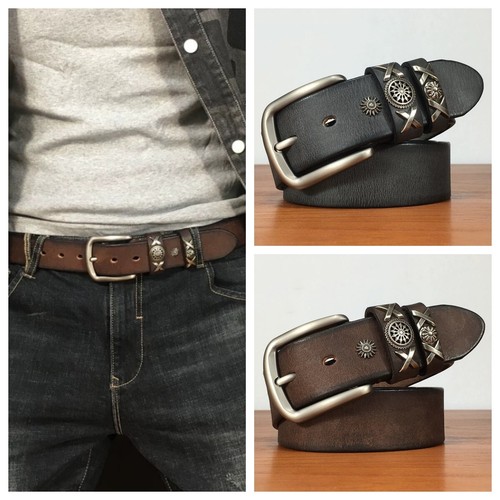 Real Leather Waist Belt Heavy Metal Rivet Studded Unisex Punk Rock Biker Belt - Picture 1 of 19
